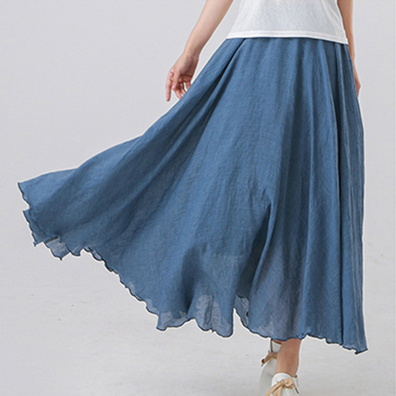 High Quality Cotton Linen Maxi Skirt Womens Casual Elastic Waist Pleated A-Line Beach Skirts Boho Saia Feminina Faldas Jupe 220322