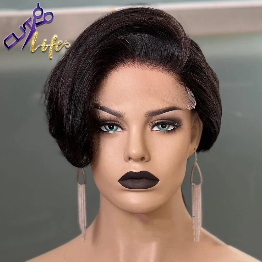 Free shipping Short Pixie Cut Lace Frontal Natutral Black Wavy Bob Wig Human Hair Wigs For Women Remy Pre Plucked Glueless