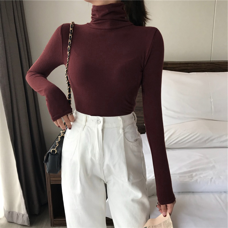 harajuku Solid Bottoming t Shirt Women Spring Autumn Tee Shirts Korean Turtleneck Slim Long Sleeve Black White T-shirts 90s tops 220328