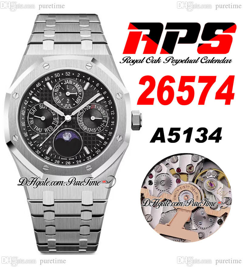 APSF Perpetual Calendar MoonPhase A5134 Automatic Mens Watch 2657 41mm Black Grande Tapisserie Dial Stick Stainless Steel Bracelet Super Edition Puretime D4 
APSF Perpetual Calendar MoonPhase A5134 Automatic Mens Watch 2657 41mm Black Grande Tapisserie Dial Stick Stainless Steel Bracelet Super Edition Puretime D4