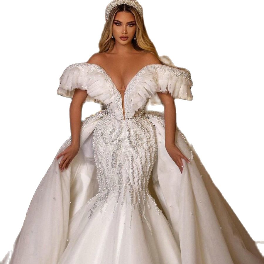 Luxurious Pearls Mermaid Wedding Dresses Detachable Train Off The Shoulder Ruffles Diamond Saudi Arabic Bridal Gowns