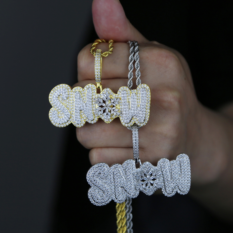 Iced out Letter shape SNOW pendant with rope chain necklace paved 5A white cubic zircon for women men hip hop punk initial jewelry wholesale