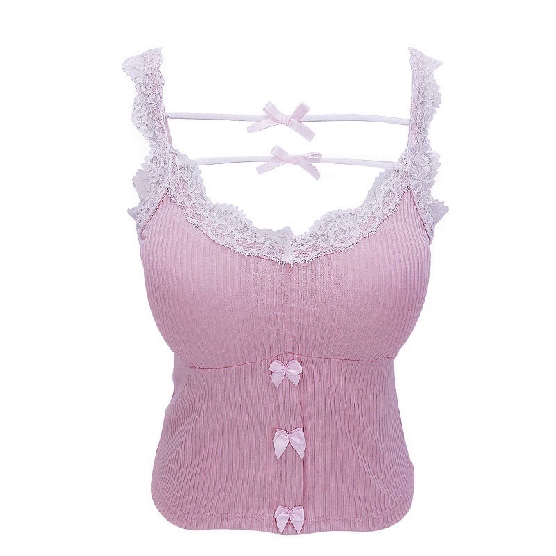 Pink Crop Top Women Summer Cute Y2k Tops Lace Trim Bow Decoration Slim Camis Sweet Girl Lolita Style Aesthetic Kawaii Clothes 220316