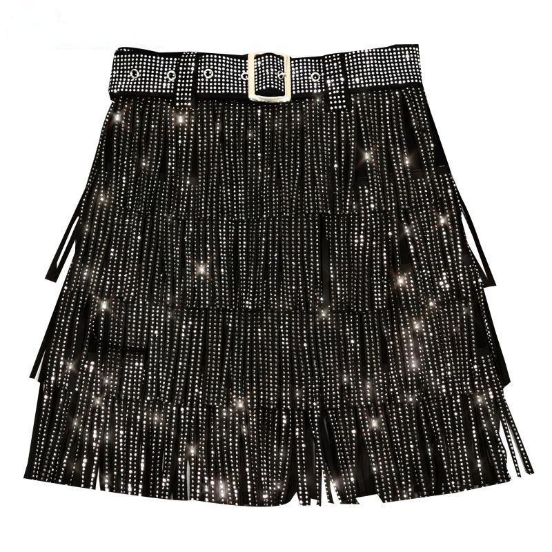 Faldas Mujer Spring Heavy Drilling s Fringed Skirt with Belt Women's High Waist Multi Layer Short Cake Skirts 220322