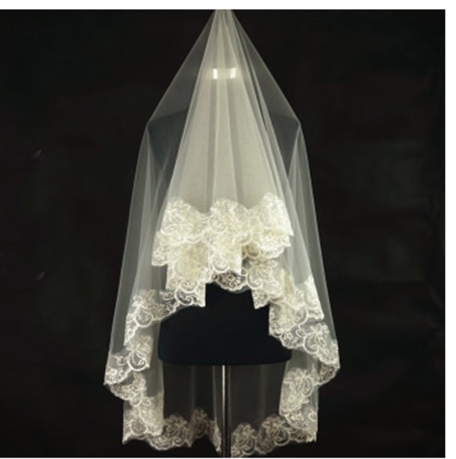 Women 150cm Bridal Short Wedding Veil White One Layer Lace Flower Edge Appliques 2022