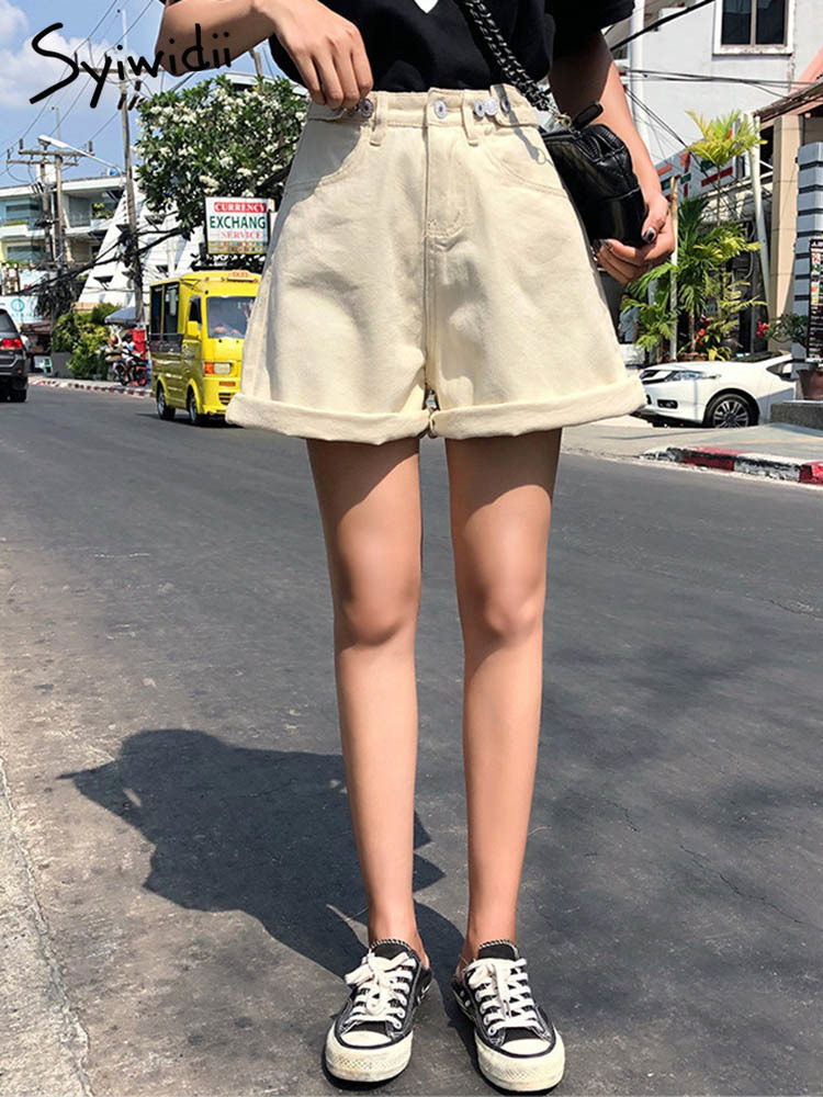 Syiwidii Women Denim Shorts Hippie Button Adjust High Waist Short Harajuku Bermuda Wide Legs Summer Cotton Jean Shorts 220527