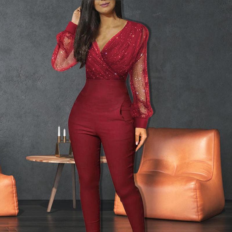 Deep V Neck Mesh Long Sleeve Jumpsuit Overall Women Jumpsuit Black Elegant Sequins Glitter Party Night Sexy Bodysuits 220811