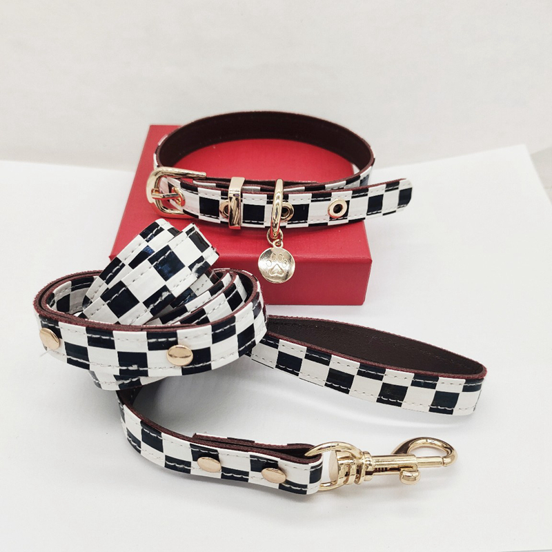 Classic Black White Plaid Collars and Leashes Set Soft Designer Leather Dog Collar for Small Dogs Poodie Chihuahua Pomeranian Yorkshire Outdoor Walk B