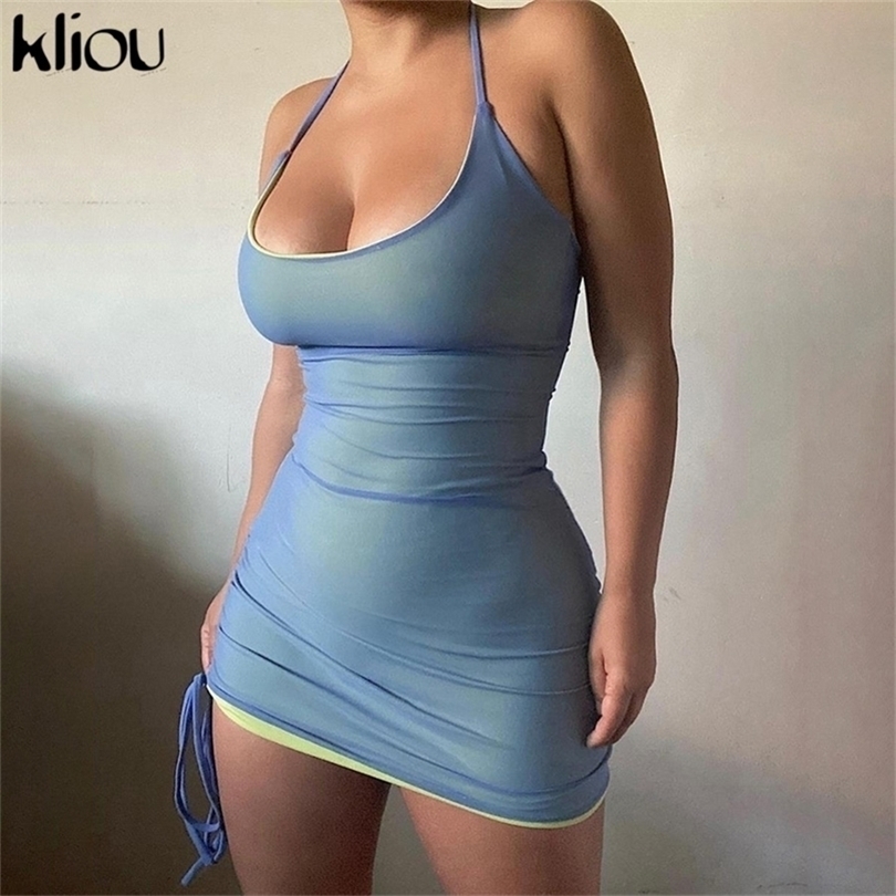 Kliou HipsterDouble Layer Drawstring Mini Dress Women Bodycon Halter Sleeveless Ruched Streetwear Sexy Club Basic Clothes 220509