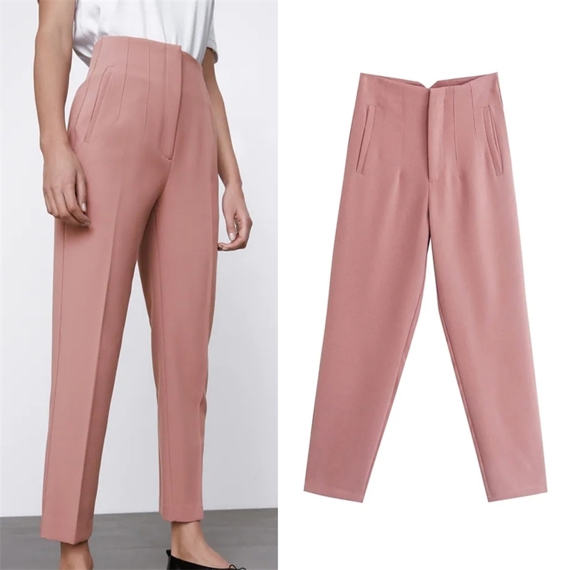 TRAF Woman White Pant's Summer Trousers Beige High Waist Pink Office Trouser Fashion Button Up Black Pant 220325