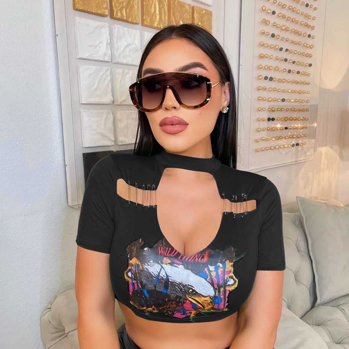 Womens Sexy Tops T-shirt Vest For 2023 Summer Umbilical Cord Slim Stand Collar Personalized Hollow Out Slim Tops