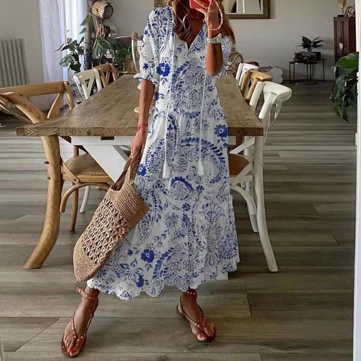 White Maxi Summer Dress Elegant Short Sleeve Hollow Out Bohemian Dresses for Women Loose Fit V Neck Loose Sundress Vestidos 220331