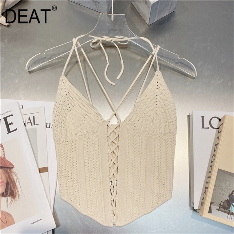 DEAT Women Knitted Bandage V-neck Halter Elasticity Camis Arrivals Sexy Temperament Fashion Spring Summer 11D958 220325