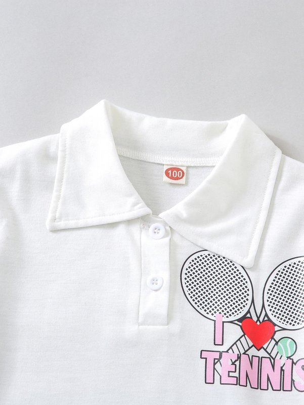 Toddler Girls Tennis Racket And Letter Graphic Polo Neck Tee & Pleated Skirt SHE