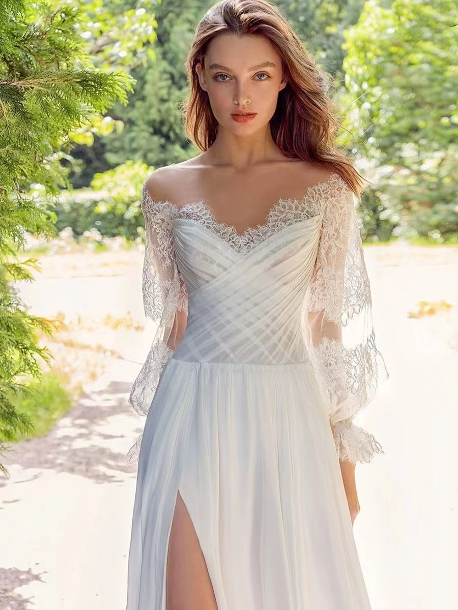 Bridal Gown Manager Recommended White Off Shoulder Floor Length Long Sleeves High Spit Lace Wedding Dresses