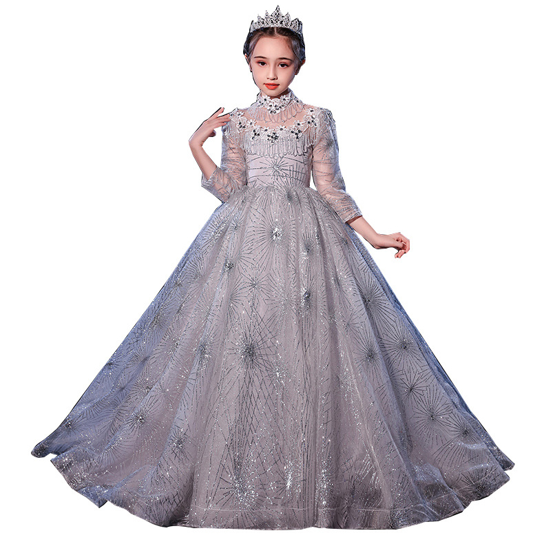 2022 Cheap Sliver Flower Girl for Weddings Lace Long Sleeve Pageant Dresses First Communion Dress Little Girls Prom Ball Gown