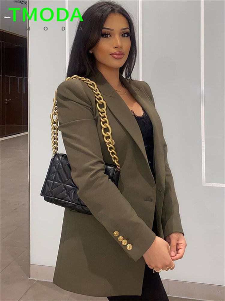 T MODA Women Fashion Golden Buttons ArmyGreen Blazer Coat Vintage Double Breasted Long Sleeve Female Outerwear Chic Tops 220402