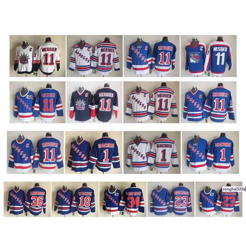 

95 Vintage New York Rangers Jersey 11 Mark Messier 1 Eddie Giacomin 18 Walt Tkaczuk 23 Jeff Beukeboom 34 John Vanbiesbrouck Retro Hockey nhl's Jerseys, As pic