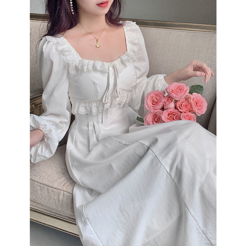 QWEEK Vintage Elegant Fairy Princess White Lace Dress Woman French Retro Square Collar Slim Dress Autumn Clothes 220317