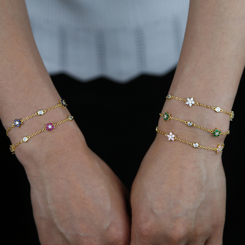 High Quality Cz Station Link Chain Flower Charm bracelet 15+4cm Extend Chain Cute Lovely Women Girl Fashion Bracelets wholesale