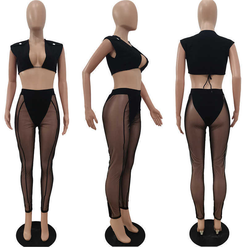 Women Two Pieces Mesh Pants Set Sexy Summer Outfits Crop Tops Sheer Leggings Wholesale Clothes Female Rave Party Wear