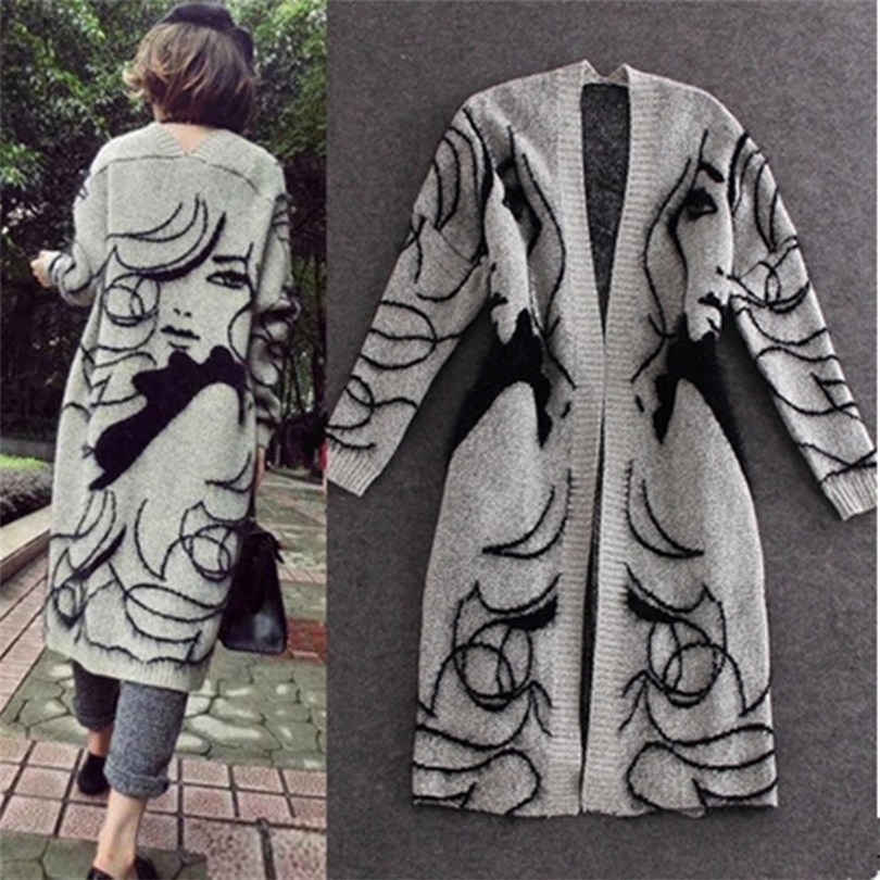 2019 European Big Spring Autumn Abstract Pattern Loose Bat Sleeve Women Long Cardigan Sweater Thick Sweater Coat Female T200319