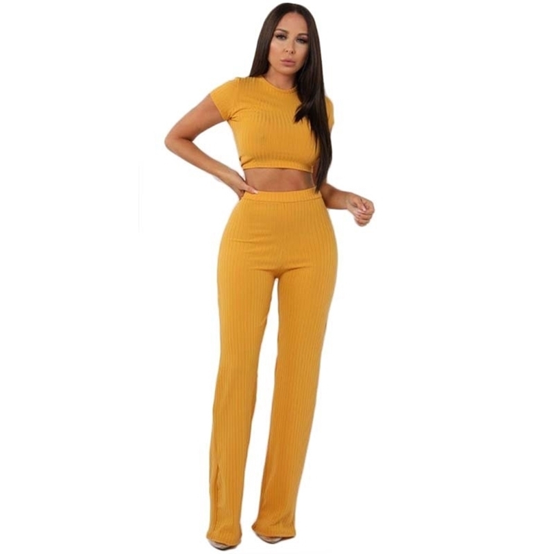 Women knitted long sleeve oneck crop top wide leg pants 2 piece set for female women tops pants two pieces sets women's suits 220817