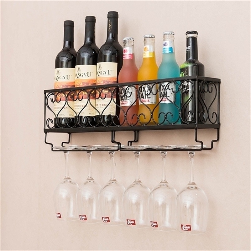 Vintage Wine Glass Hanging Rack Bar Floating Shelf Bottle Shelves Retro Iron Upside Down Stemware Goblet Holder 220615