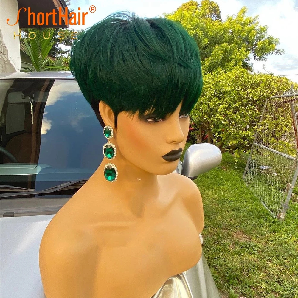 Highlight Short Bob Human Hair Wigs For Black Women Green/Honey Blonde Colored Full Machine Made 200 Density