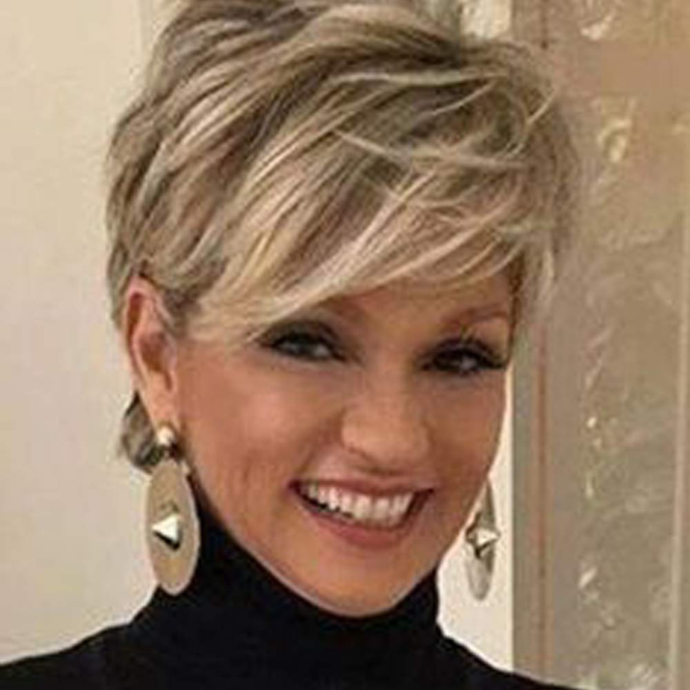 Short Ombre Blond Brown Pixie Cut Wig Dark Root Straight Layered Synthetic Hair for Black White Women