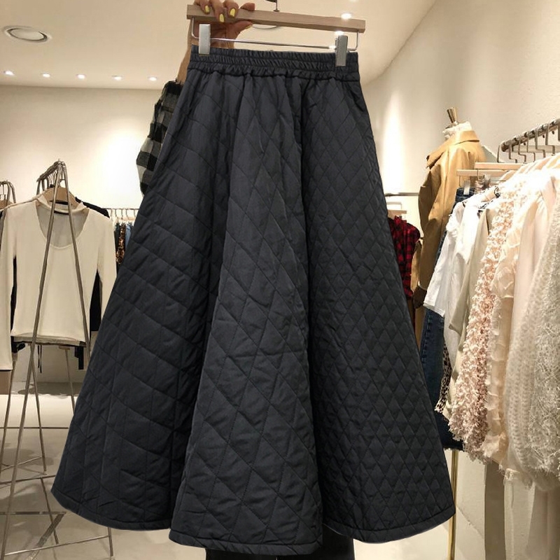Kimutomo Korea Retro Women Skirts Autumn Winter Elastic High Waist Diamond Woven Solid Color A-line Bottoms Femme 220317