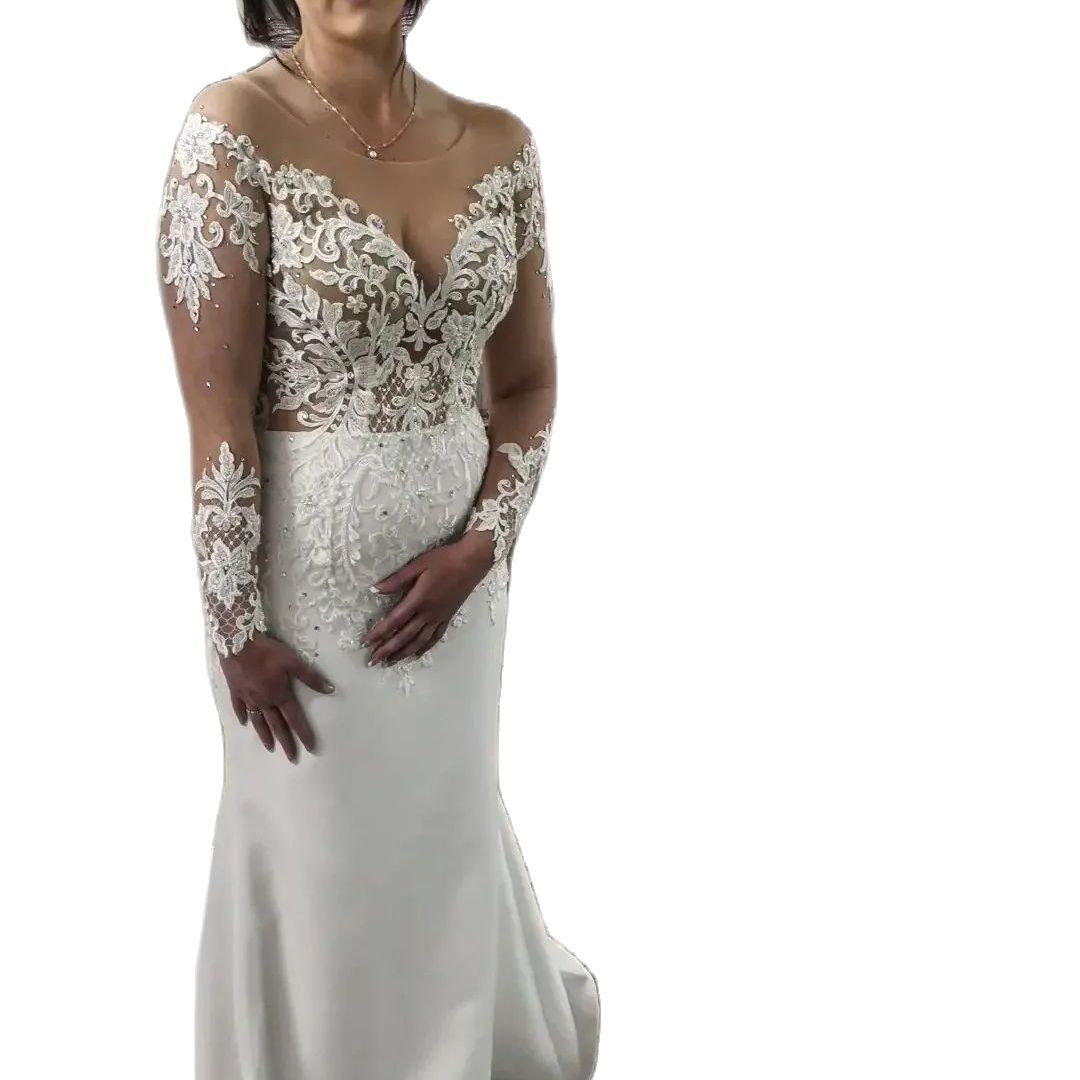 Plus Size Mermaid Wedding Dresses Sheer Jewel Neck Long Sleeve Lace Sexy Bride Dress Wedding Gowns Custom Made