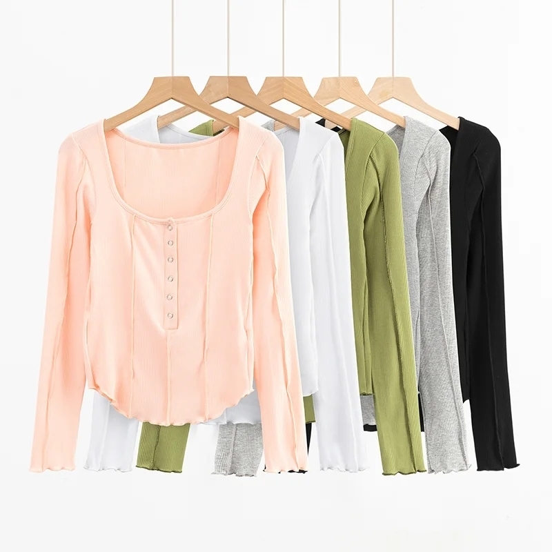 Women Exposed Seams Long Sleeve Top Curved Hem Fitted T-shirt With Button Detail 220328