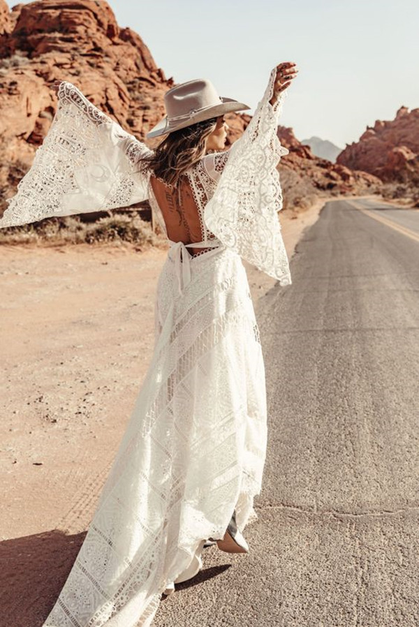 Crochet Lace Cotton Beach Wedding Dresses Long Sleeve Hippie Bohemian Moonrise Canyon Western Country Bridal Gowns