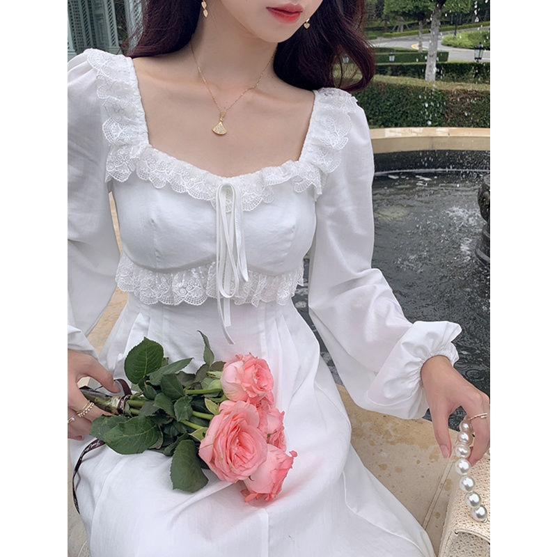 QWEEK Vintage Elegant Fairy Princess White Lace Dress Woman French Retro Square Collar Slim Dress Autumn Clothes 220317