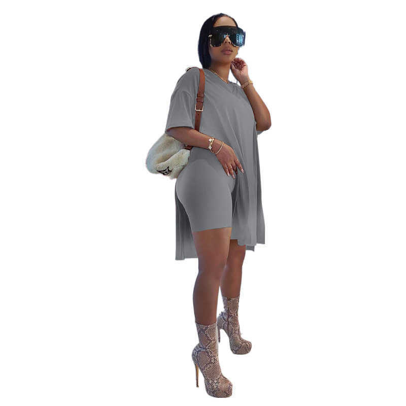 Plus-size women's clothing 2023 summer short sleeve suit solid medium length split shorts
