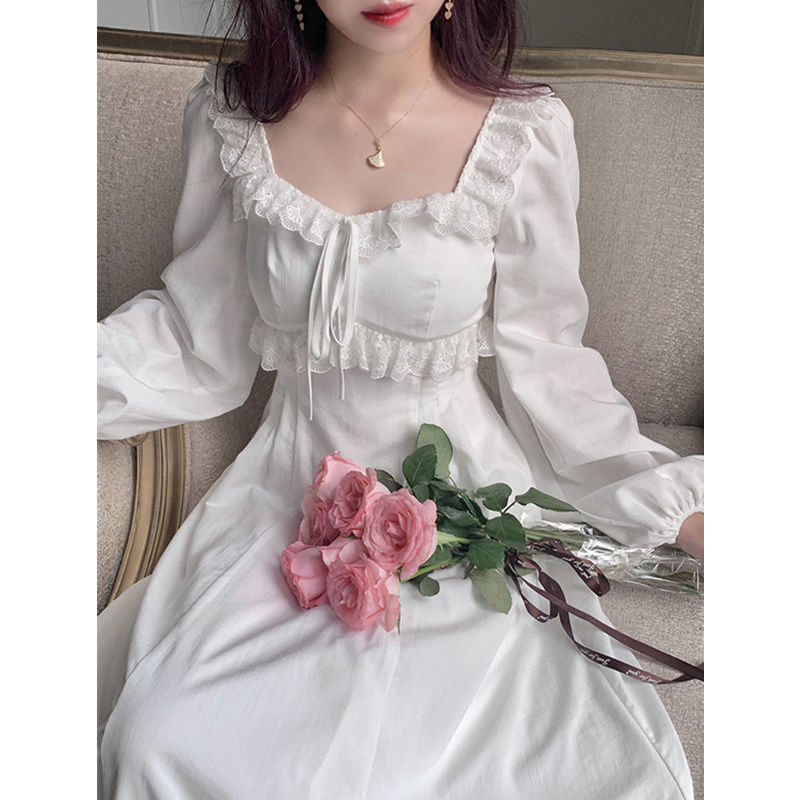 QWEEK Vintage Elegant Fairy Princess White Lace Dress Woman French Retro Square Collar Slim Dress Autumn Clothes 220317