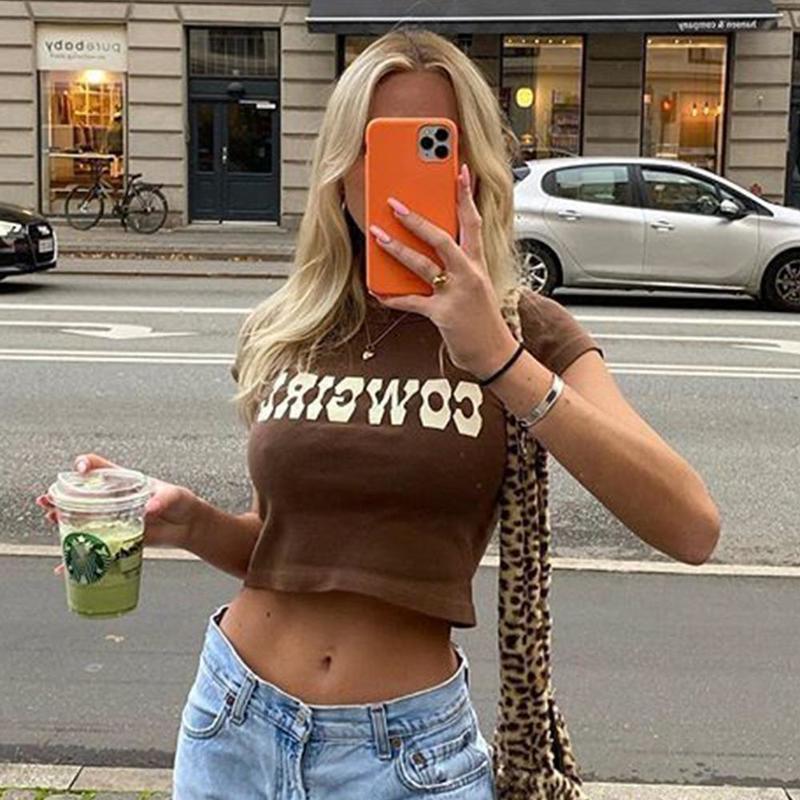 Vintage Letter Print Sexy Crop Tops Women Casual Short Sleeve Cotton Pullover Tees Summer Slim Streetwear T-shirt Woman 220321