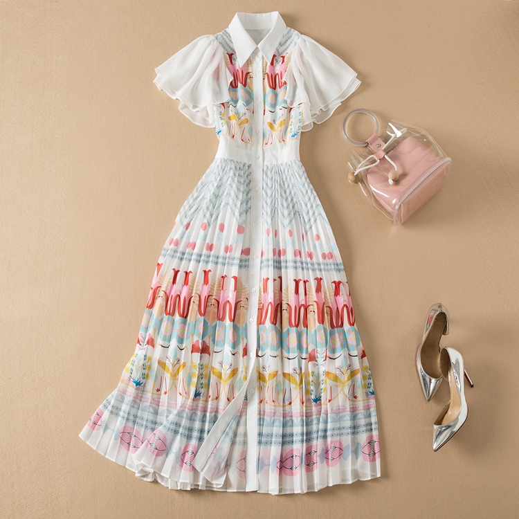 Runway Fashion Women Elegant Dress Summer Flare Sleeve Flower Print Pleated Dresses, White
Runway Fashion Women Elegant Dress Summer Flare Sleeve Flower Print Pleated Dresses, White