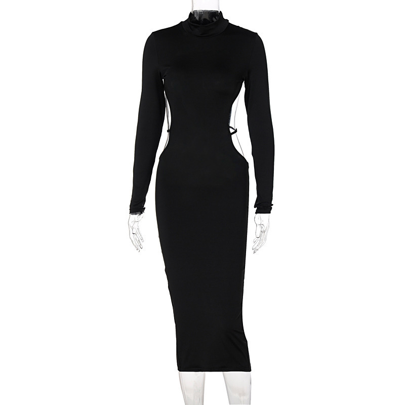 Elegant Backless Long Sleeve Slit Bodycon Dress for Women's Black Cut Out Sexy Party Evening Midi Dresses Autumn Woman Clothes 220509
