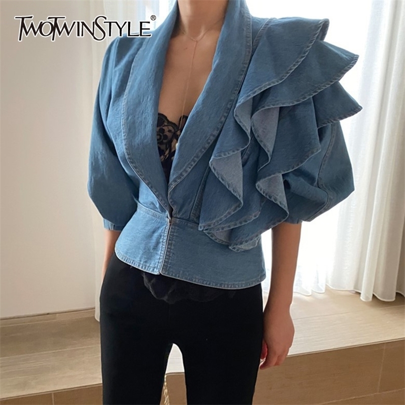 TWOTWINSTYLE Patchwork Ruffle Tunic Shirt For Women V Neck Half Sleeve Denim Blouse Female Fashion Clothing Autumn 210308