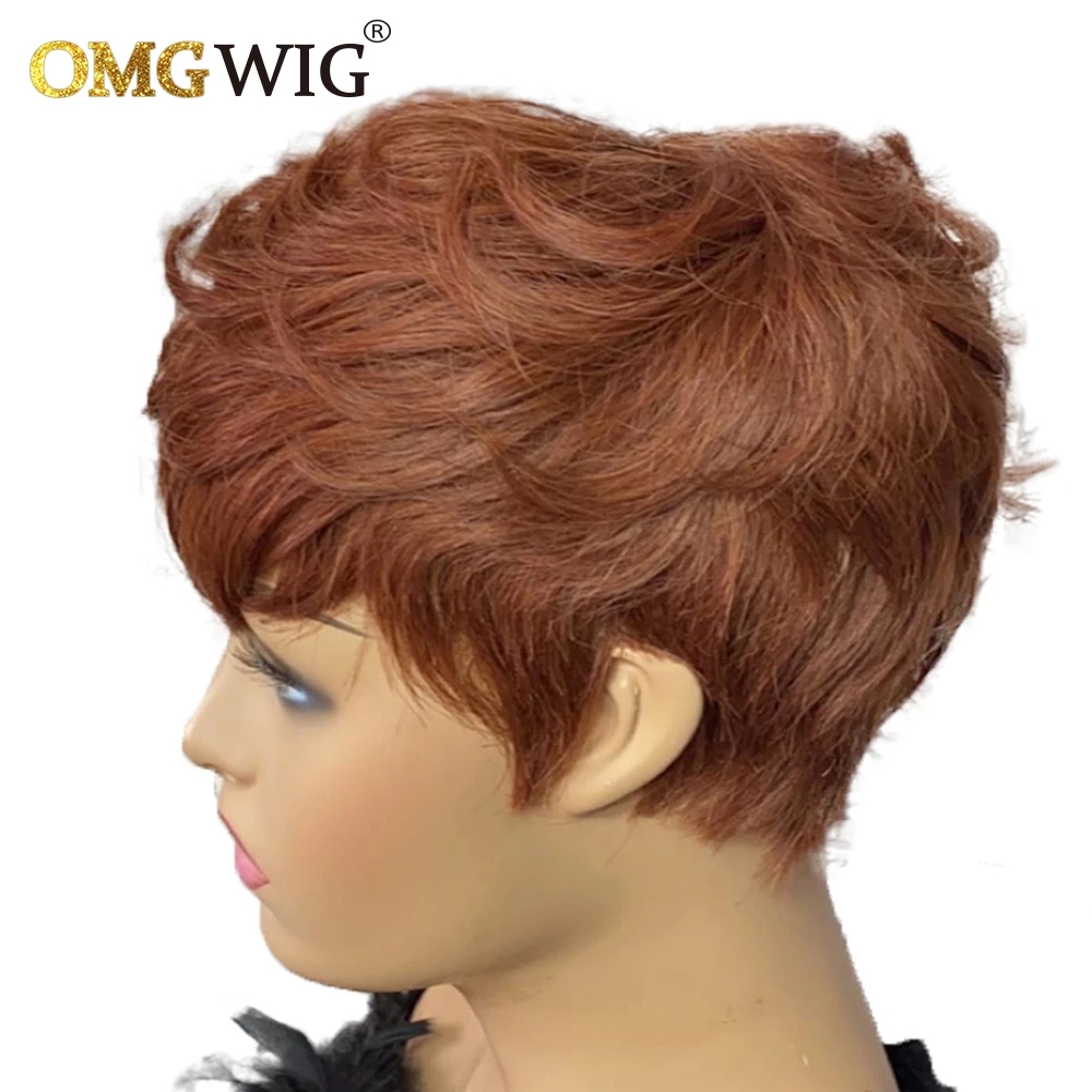 Honey Blonde Short Bob Pixie Cut Wig Natural Wave Brazilian Remy Human Hair Wig With Bangs For Women Full Machine Made