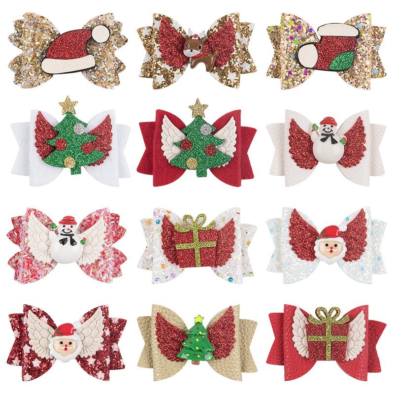 Christmas Glitter Hair Bows hair clips wings Polka Dot Print Barrettes xmas Tree Santa Claus Socks Hairpins Boutique Accessories