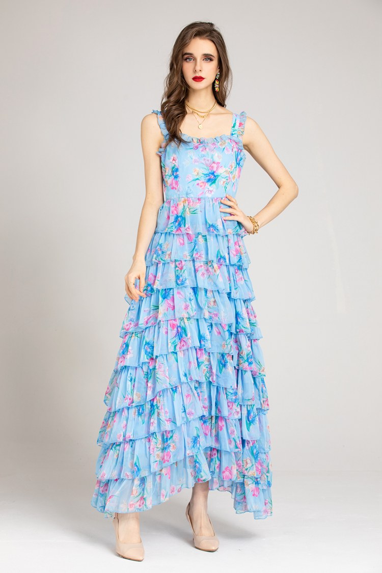 Women's Runway Dresses Spaghetti Straps Printed Tiered Ruffles Fashion Maxi Casual Party Prom Gown