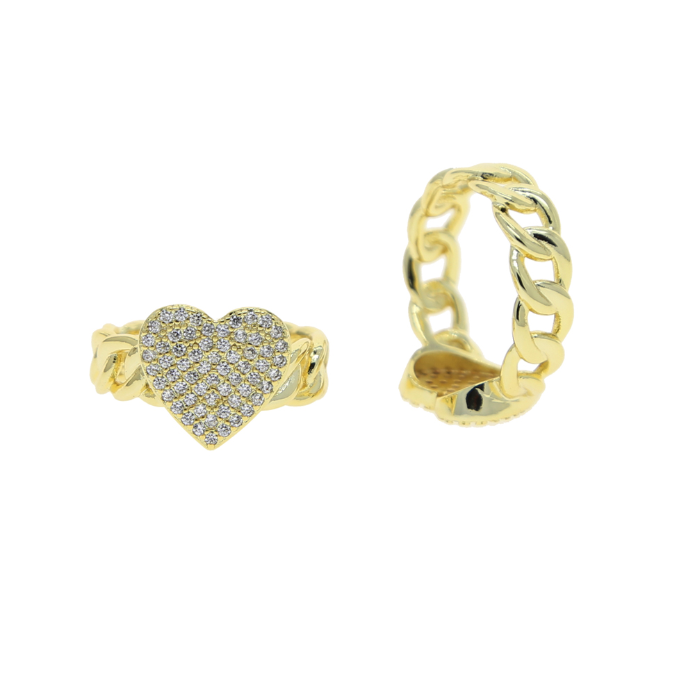 New Arrived Heart Shaped Ring Bling Iced Out Cubic Zirconia Cz Paved Cuban Link Chain Fashion Hip Hop Jewelry for Women