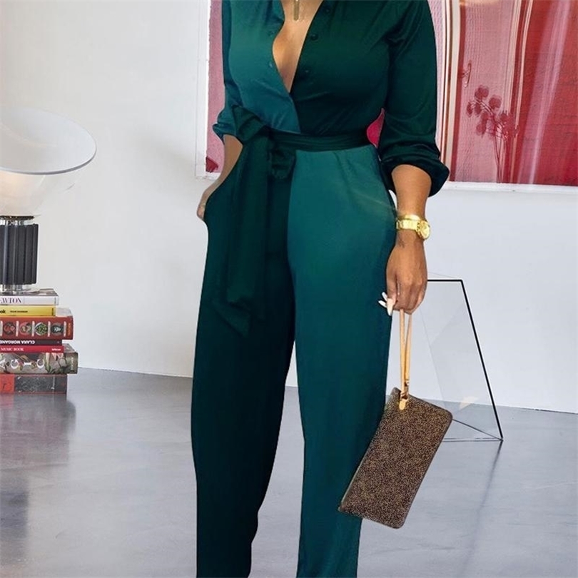 Women Long Sleeves Colorblock Insert Buttoned Lantern Sleeve Jumpsuit Plus Size T200616