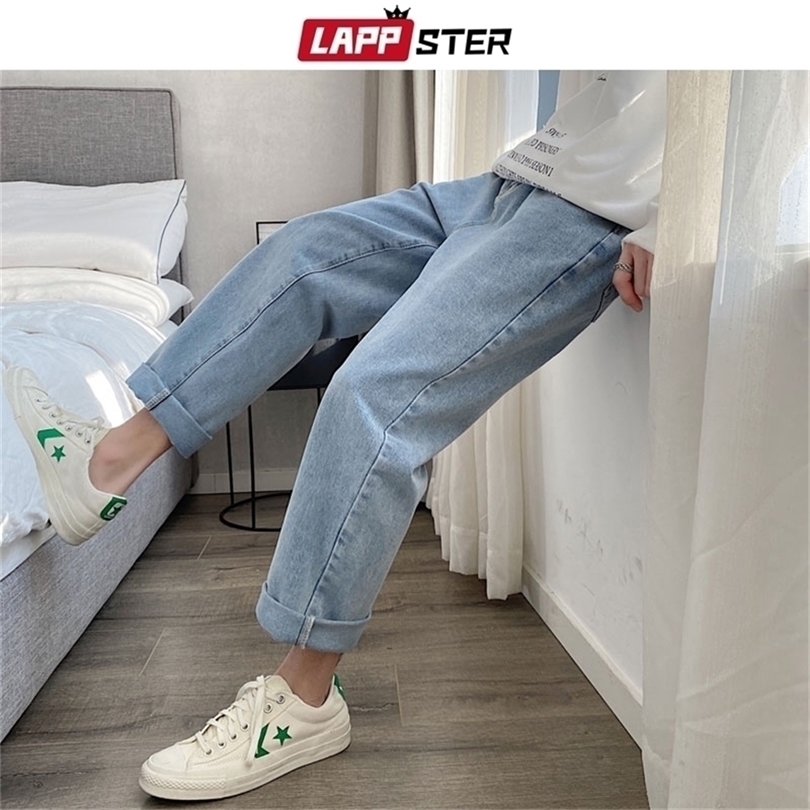 LAPPSTER Men Vintage Kpop Light Blue Jeans Mens Casual Streetwear Loose Harem Pants Male Oversized High Waisted Denim Pants 201123