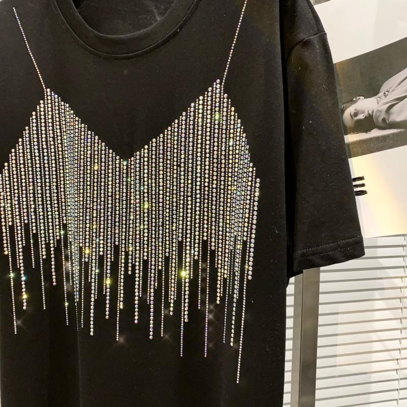 New design womens fashion cool o-neck short sleeve loose rhinestone shinny bling long t-shirt tops
