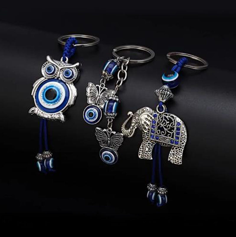 Handmade Woved Animal Key Rings Feather Butterfly Evil Eyes Keychain Owl Elephant Key Chain Glass Turkish Blue Eye Pendant Hamsa Keychain