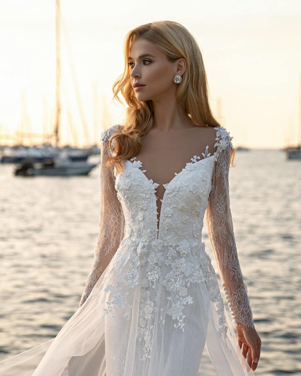 Graceful Wedding Dresse Organza Lace V-Neck Long sleeve Applique Illusion Floor Length Lace Wedding Dress Custom Made Pearl Vestidos De Novia Real pic
